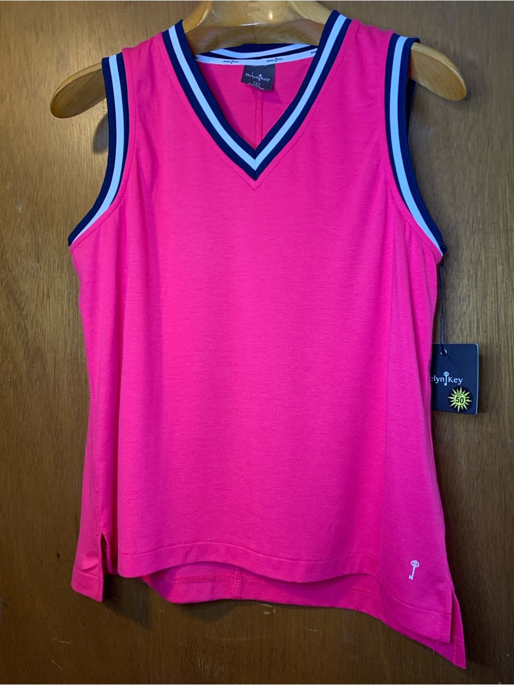 Belyn Key Bright Pink V-Neck Tank with Navy & White Trim